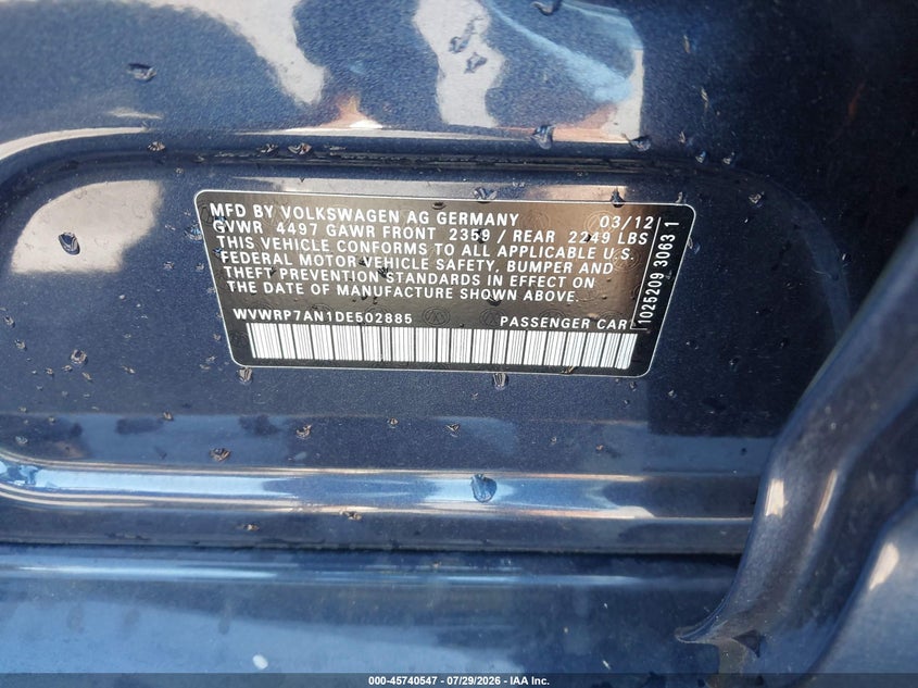2013 Volkswagen Passat cc VIN WVWRP7AN1DE502885 IAAI salvage auction — NORMAL WEAR, App For Dup Salv Title - Dealer (California), sold $275 on 2026-08-10 (photo 9)