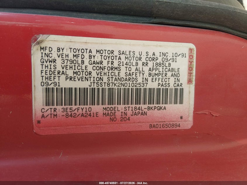 1992 Toyota Celica VIN JT5ST87K2N0102537 IAAI salvage auction — NORMAL WEAR, Original (Vermont), sold $25 on 2026-07-30 (photo 9)
