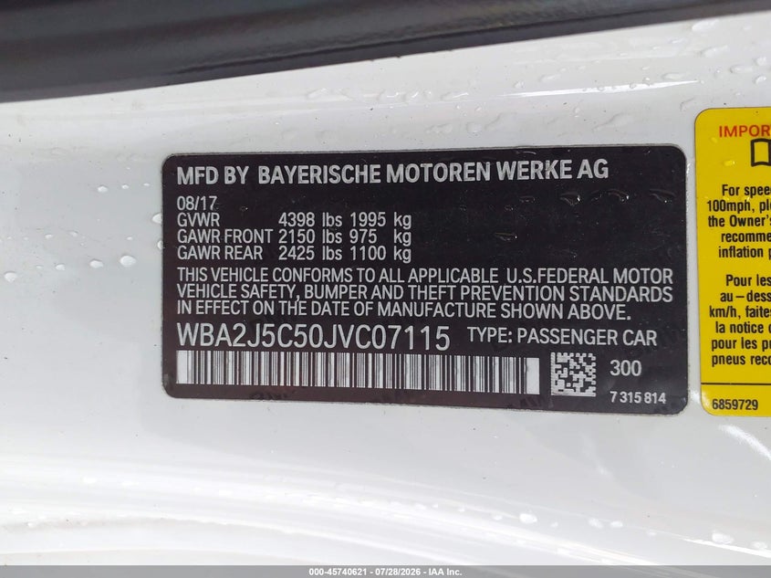2018 BMW 2er VIN WBA2J5C50JVC07115 IAAI salvage auction — REAR END, Salvage Title, sold $5,500 on 2026-08-21 (photo 9)