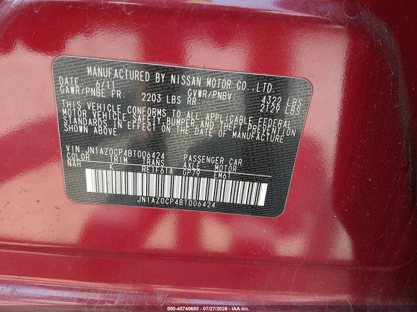 2011 Nissan Leaf VIN JN1AZ0CP4BT006424 IAAI salvage auction — NORMAL WEAR, Original (Vermont), sold $25 on 2026-07-30 (photo 9)