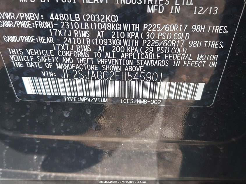 2014 Subaru Forester VIN JF2SJAGC2EH545901 IAAI salvage auction — REAR END, Salvage Title, sold $1,650 on 2026-08-20 (photo 9)