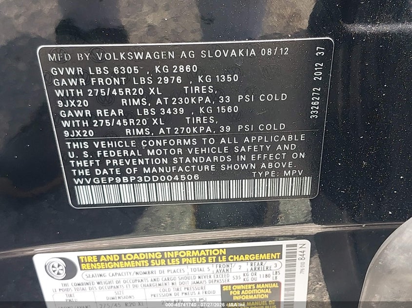 2013 Volkswagen Touareg VIN WVGEP9BP3DD004506 IAAI salvage auction — NORMAL WEAR, Clear (Illinois), sold $1,050 on 2026-07-30 (photo 9)