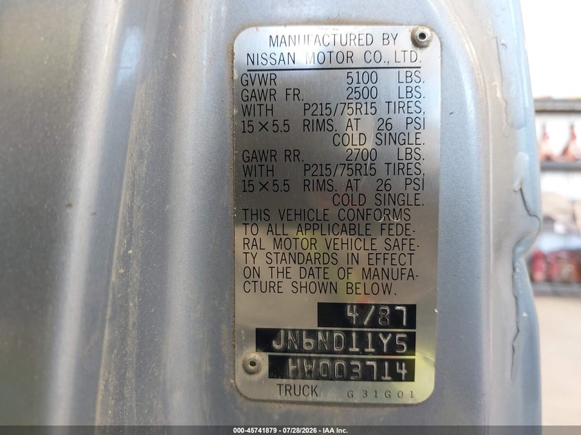 1987 Nissan D21 VIN JN6ND11Y5HW003714 IAAI salvage auction — NORMAL WEAR, Rebuilt/Restored (Utah), sold $600 on 2026-07-31 (photo 9)