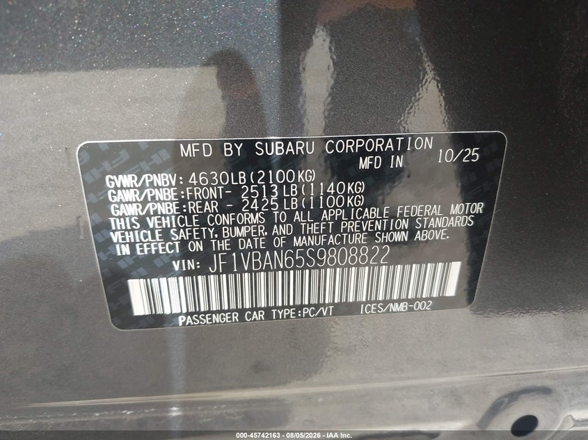 2025 Subaru Wrx VIN JF1VBAN65S9808822 IAAI salvage auction — RIGHT REAR, Salvage Title, sold $16,600 on 2026-09-02 (photo 9)