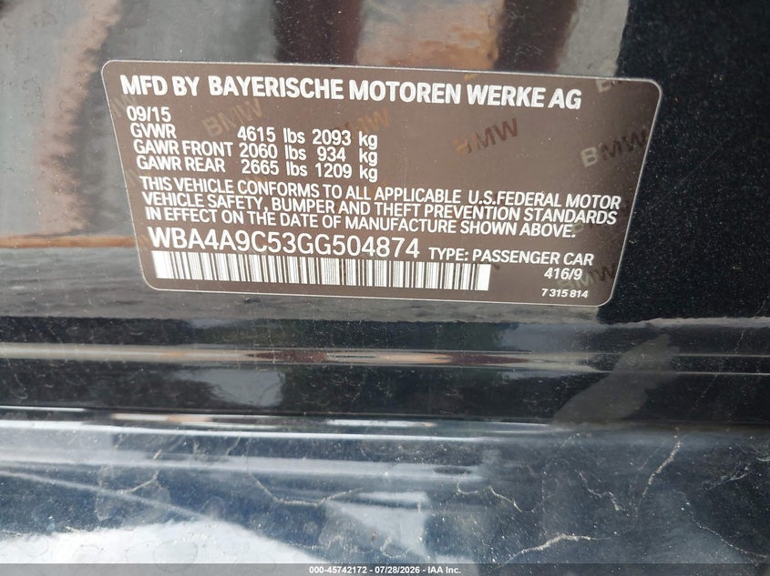 2016 BMW 4er VIN WBA4A9C53GG504874 IAAI salvage auction — UNKNOWN, Wait Title, sold $2,450 on 2026-08-21 (photo 9)