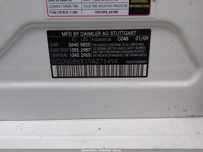 2009 Mercedes-benz S class VIN WDDNG86X19A276494 IAAI salvage auction — WATER/FLOOD, Rebuildable (Florida), sold $1,550 on 2026-08-20 (photo 9)