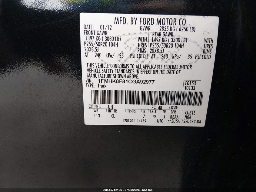 2012 Ford Explorer VIN 1FMHK8F81CGA92977 IAAI salvage auction — LEFT REAR, Salvage (Missouri), sold $800 on 2026-08-21 (photo 9)
