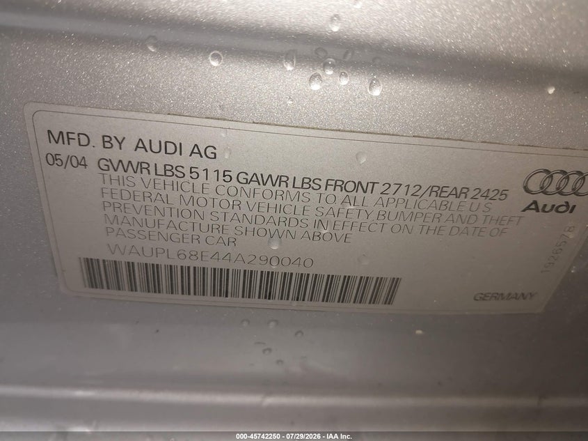 2004 Audi S4 VIN WAUPL68E44A290040 IAAI salvage auction — FRONT END, Salvage (New Jersey), sold $900 on 2026-09-12 (photo 9)