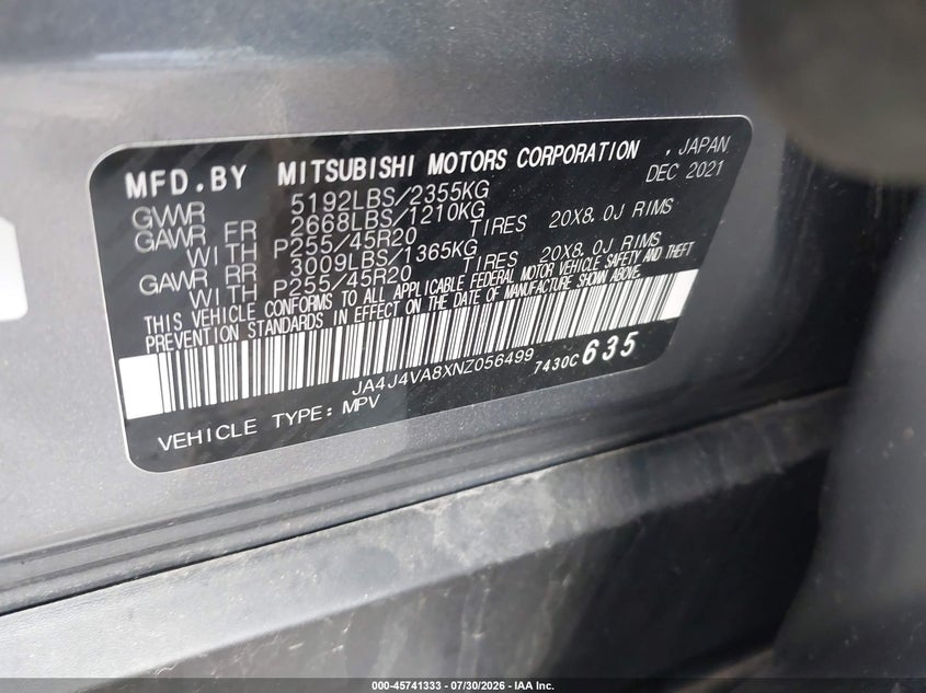 2022 Mitsubishi Outlander VIN JA4J4VA8XNZ056499 IAAI salvage auction — FRONT END, Salvage Title, sold $5,050 on 2026-08-21 (photo 9)