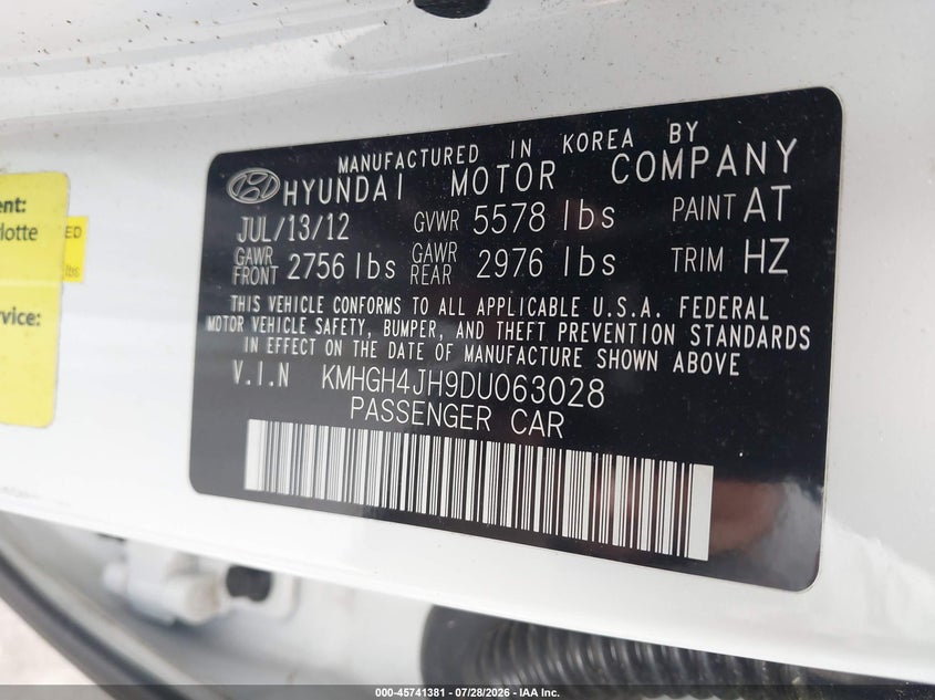 2013 Hyundai Equus VIN KMHGH4JH9DU063028 IAAI salvage auction — NORMAL WEAR, Clear-Dealer Only (North Carolina), sold $900 on 2026-08-23 (photo 9)