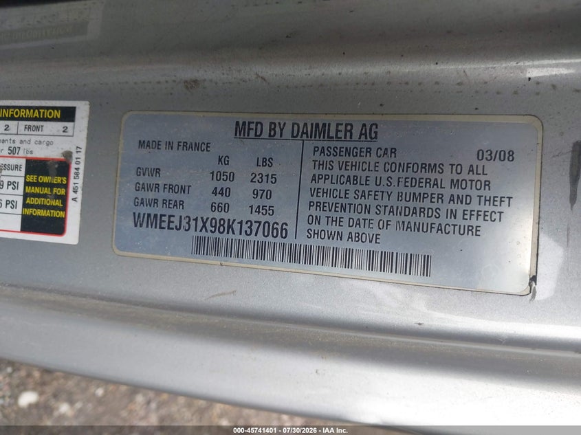 2008 Smart Fortwo VIN WMEEJ31X98K137066 IAAI salvage auction — NORMAL WEAR, Clear (Rhode Island), sold $525 on 2026-08-11 (photo 9)