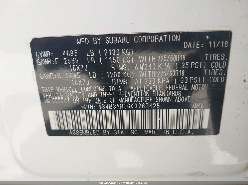 2019 Subaru Outback VIN 4S4BSANC6K3263425 IAAI salvage auction — WATER/FLOOD, Non-Repairable (Arizona), sold $25 on 2026-09-10 (photo 9)