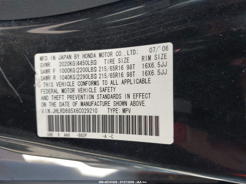 2006 Honda Cr-v VIN JHLRD685X6C029210 IAAI salvage auction — NORMAL WEAR, Clear - Dealer Only (California), sold $1,150 on 2026-07-30 (photo 9)