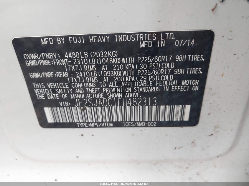 2015 Subaru Forester VIN JF2SJADC1FH482313 IAAI salvage auction — NORMAL WEAR, Clear (North Carolina), sold $1,300 on 2026-07-31 (photo 9)