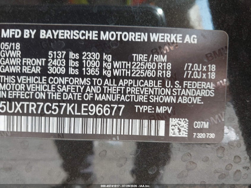 2019 BMW X3 VIN 5UXTR7C57KLE96677 IAAI salvage auction — FRONT END, Salvage (California), sold $3,050 on 2026-08-23 (photo 9)