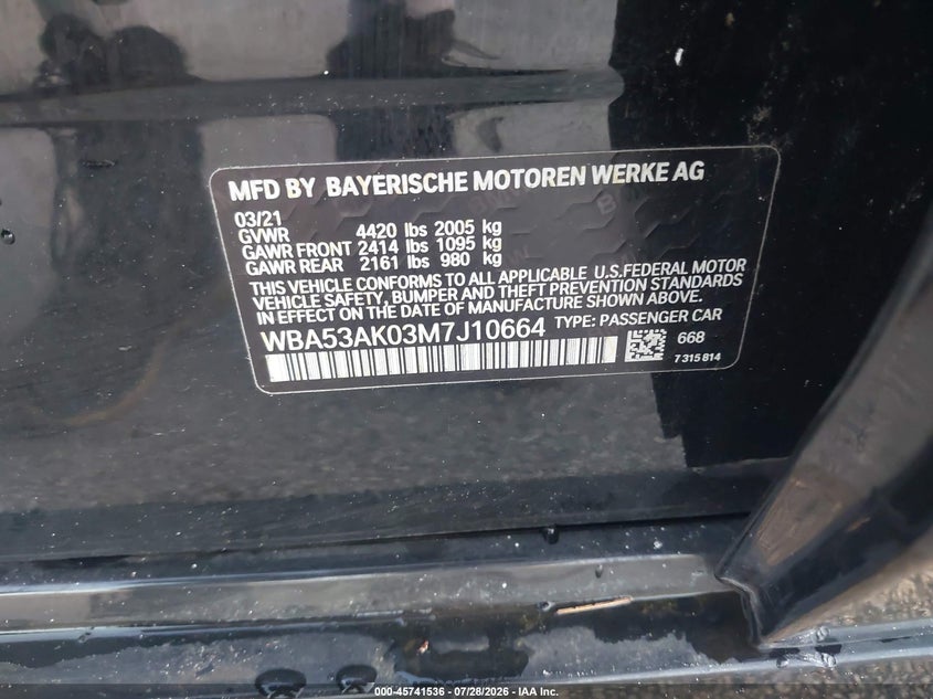 2021 BMW 2 series VIN WBA53AK03M7J10664 IAAI salvage auction — ALL OVER, Clear (Florida), sold $2,525 on 2026-08-27 (photo 9)
