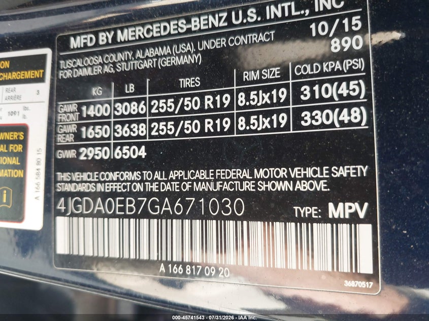2016 Mercedes-benz Gle VIN 4JGDA0EB7GA671030 IAAI salvage auction — RIGHT FRONT, Salvage Title, sold $8,000 on 2026-08-21 (photo 9)