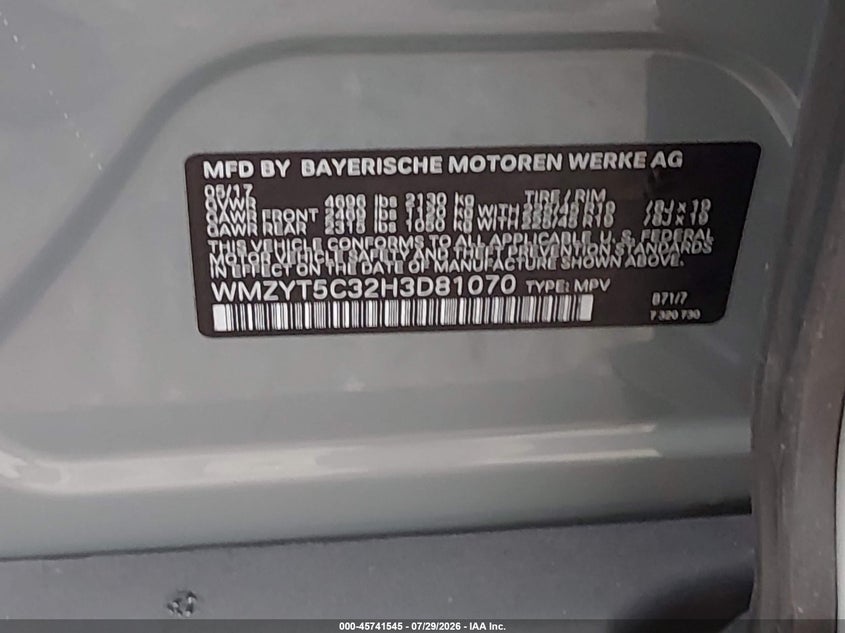 2017 Mini Countryman VIN WMZYT5C32H3D81070 IAAI salvage auction — HAIL, Wait Title, sold $5,700 on 2026-08-16 (photo 9)