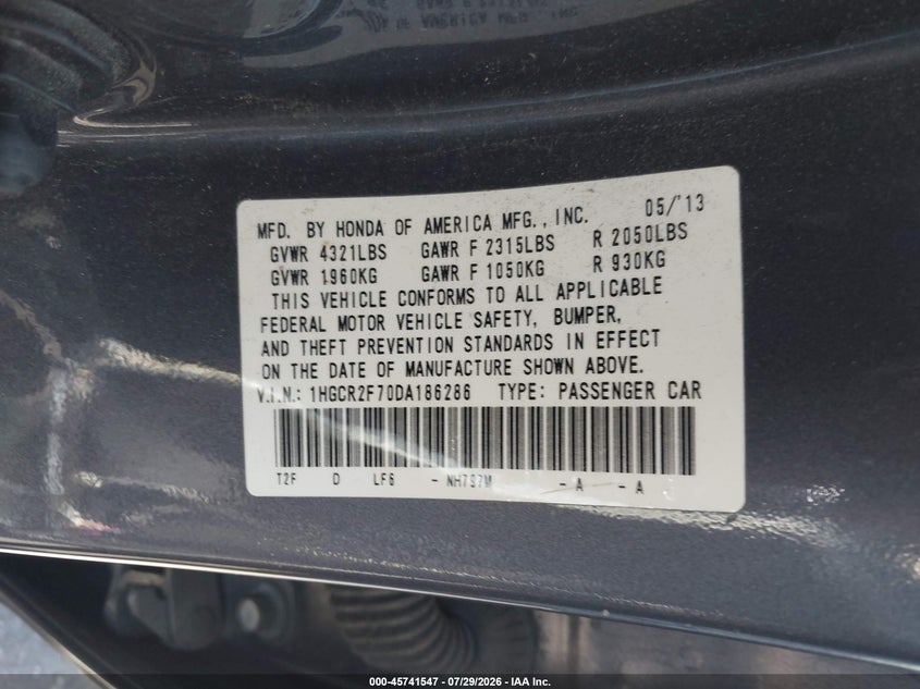 2013 Honda Accord VIN 1HGCR2F70DA186286 IAAI salvage auction — LEFT FRONT, Wait Title, sold $1,200 on 2026-08-24 (photo 9)