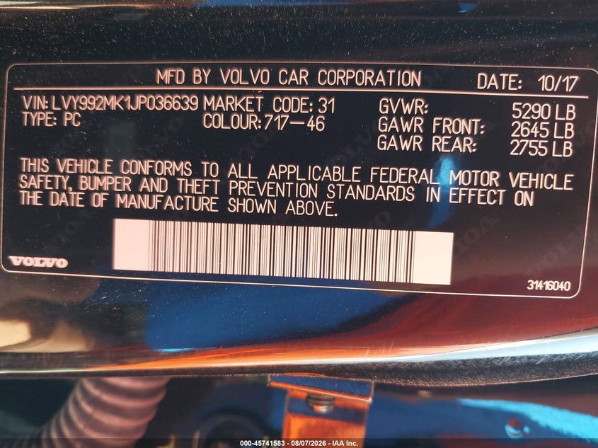 2018 Volvo S90 VIN LVY992MK1JP036639 IAAI salvage auction — FRONT & REAR, Salvage (Massachusetts), sold $3,750 on 2026-09-01 (photo 9)