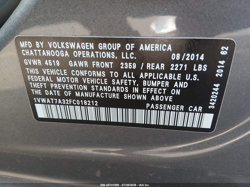 2015 Volkswagen Passat VIN 1VWAT7A32FC018212 IAAI salvage auction — FRONT END, Salvage (Utah), sold $900 on 2026-08-12 (photo 9)