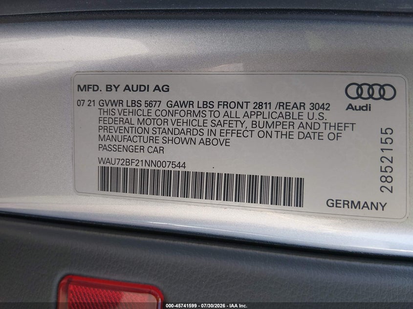 2022 Audi A6 allroad VIN WAU72BF21NN007544 IAAI salvage auction — FRONT END, Clear (South Carolina), sold $8,000 on 2026-09-09 (photo 9)