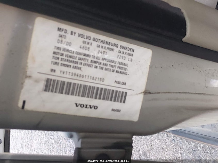 2001 Volvo S80 VIN YV1TS94D611162150 IAAI salvage auction — NORMAL WEAR, Clear (Colorado), sold $250 on 2026-08-04 (photo 9)