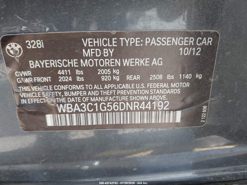 2013 BMW 3 series VIN WBA3C1G56DNR44192 IAAI salvage auction — NORMAL WEAR, Clear - Dealer Only (California), sold $375 on 2026-08-18 (photo 9)