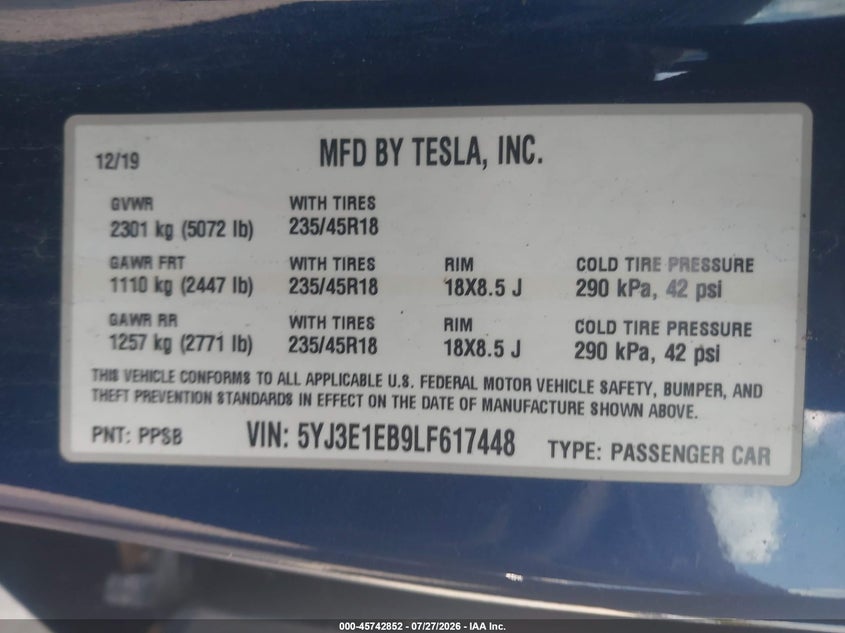 2020 Tesla Model 3 VIN 5YJ3E1EB9LF617448 IAAI salvage auction — FRONT END, Salvage Title, sold $2,800 on 2026-07-31 (photo 9)