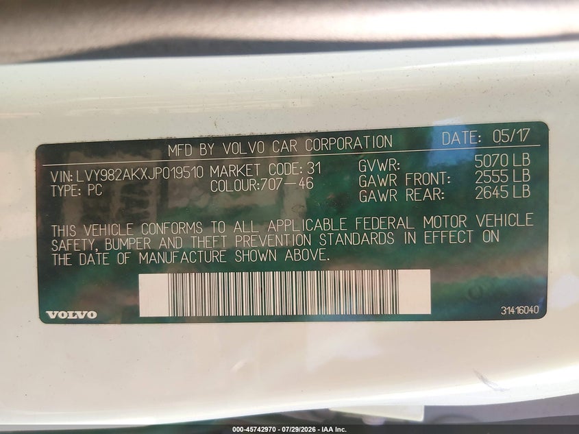 2018 Volvo S90 VIN LVY982AKXJP019510 IAAI salvage auction — LEFT SIDE, Salvage - Greater Than 75% (Maryland), sold $5,350 on 2026-09-16 (photo 9)