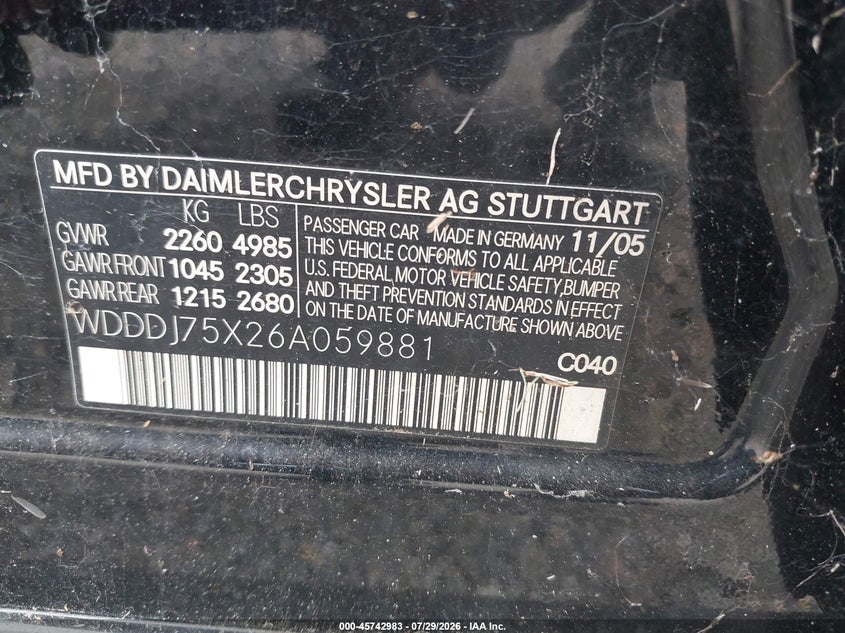 2006 Mercedes-benz Cls-class VIN WDDDJ75X26A059881 IAAI salvage auction — NORMAL WEAR, Clear (Alabama), sold $175 on 2026-08-19 (photo 9)