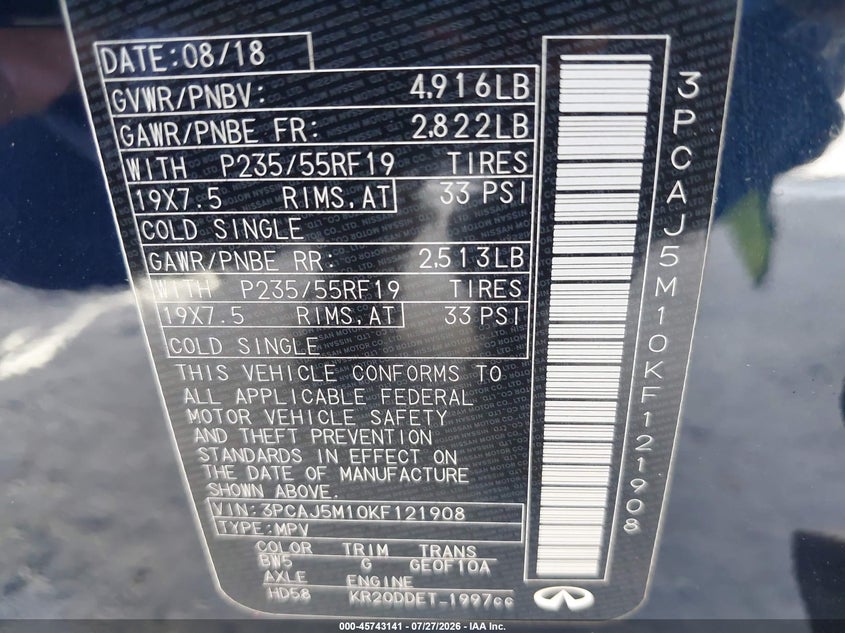 2019 Infiniti Qx50 VIN 3PCAJ5M10KF121908 IAAI salvage auction — REAR END, Salvage Title, sold $4,450 on 2026-08-27 (photo 9)