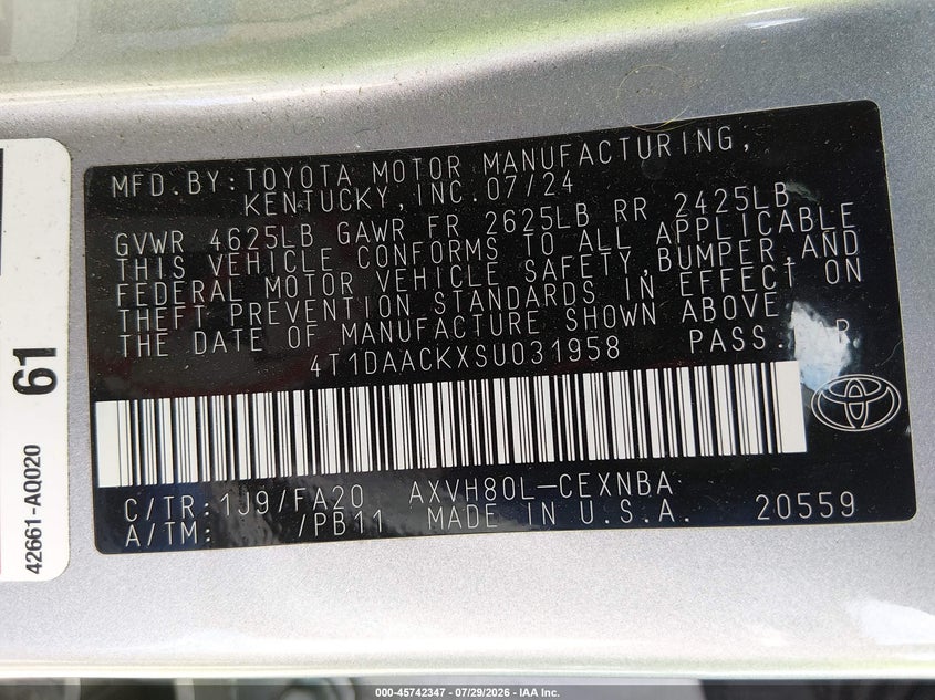 2025 Toyota Camry VIN 4T1DAACKXSU031958 IAAI salvage auction — RIGHT FRONT, Salvage Title, sold $15,100 on 2026-08-08 (photo 9)