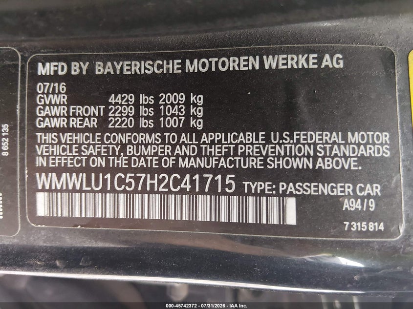 2017 Mini Clubman VIN WMWLU1C57H2C41715 IAAI salvage auction — RIGHT FRONT, Salvage Title, sold $1,750 on 2026-08-13 (photo 9)
