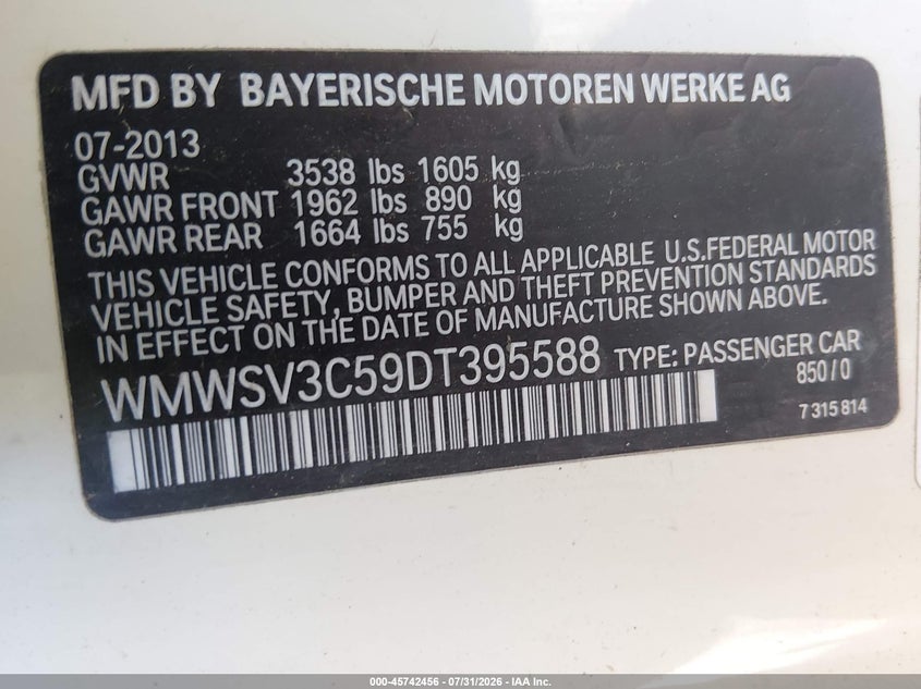 2013 Mini Hard top VIN WMWSV3C59DT395588 IAAI salvage auction — NORMAL WEAR, Clear (New Mexico), sold $425 on 2026-08-10 (photo 9)