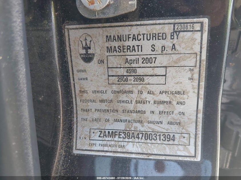 2007 Maserati Quattroporte VIN ZAMFE39A470031394 IAAI salvage auction — NORMAL WEAR, Clear (Georgia), sold $200 on 2026-08-11 (photo 9)