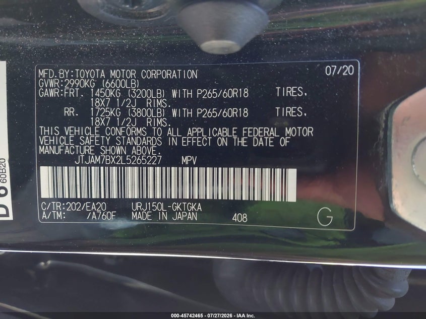 2020 Lexus Gx VIN JTJAM7BX2L5265227 IAAI salvage auction — LEFT SIDE, Salvage Title, sold $25,725 on 2026-09-09 (photo 9)