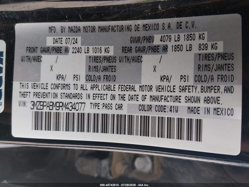 2024 Mazda 3 VIN 3MZBPABM9RM434077 IAAI salvage auction — FRONT END, Salvage (Nebraska), sold $3,775 on 2026-08-23 (photo 9)