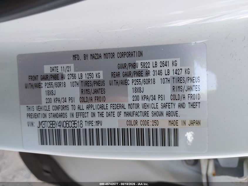 2022 Mazda Cx-9 VIN JM3TCBBY4N0603518 IAAI salvage auction — NORMAL WEAR, Wait Title, sold $12,700 on 2026-09-21 (photo 9)
