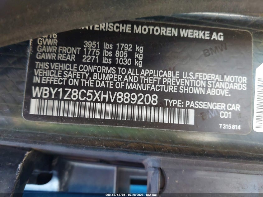 2017 BMW I3 VIN WBY1Z8C5XHV889208 IAAI salvage auction — NORMAL WEAR, Clear - Dealer Only (California), sold $2,025 on 2026-08-04 (photo 9)