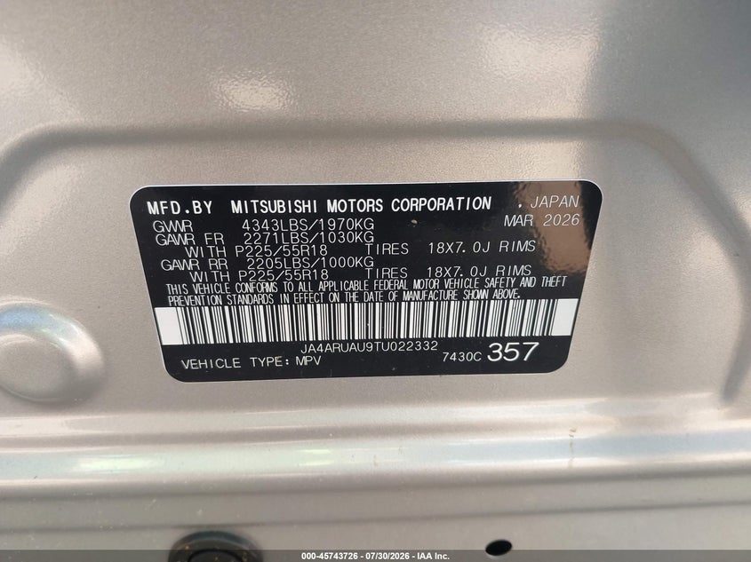 2026 Mitsubishi Outlander VIN JA4ARUAU9TU022332 IAAI salvage auction — FRONT END, Rebuildable (Florida), sold $4,500 on 2026-08-03 (photo 9)