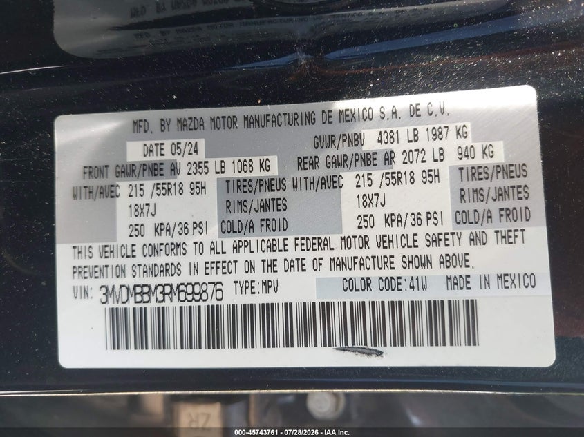 2024 Mazda Cx-30 VIN 3MVDMBBM3RM699876 IAAI salvage auction — LEFT FRONT, Enterprise Vehicles Clear Only (Tennessee), sold $5,500 on 2026-08-03 (photo 9)