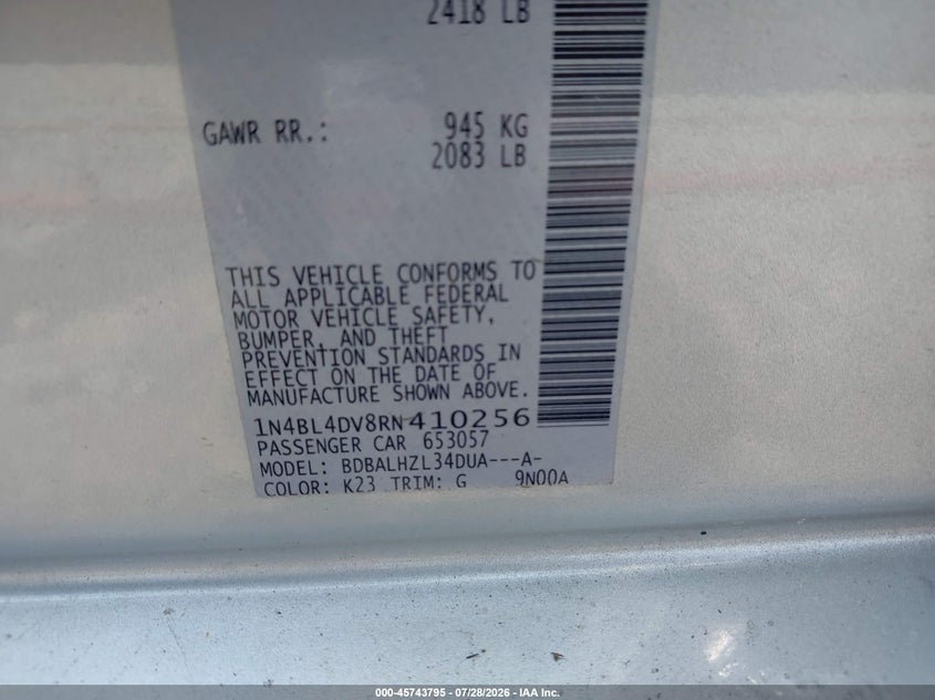 2024 Nissan Altima VIN 1N4BL4DV8RN410256 IAAI salvage auction — RIGHT SIDE, Enterprise Vehicles Clear Only (Connecticut), sold $9,300 on 2026-08-03 (photo 9)
