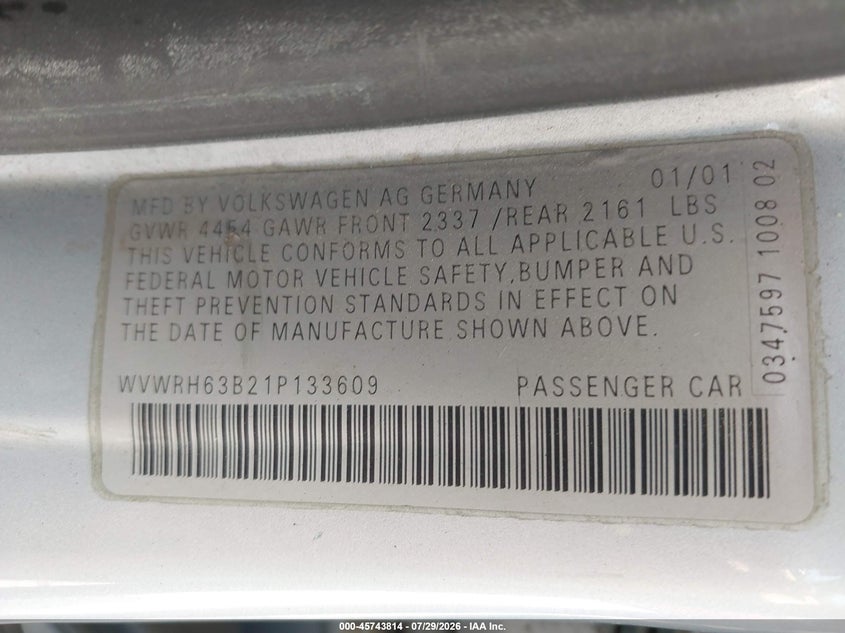 2001 Volkswagen Passat VIN WVWRH63B21P133609 IAAI salvage auction — NORMAL WEAR, Clear (Montana), sold $125 on 2026-08-05 (photo 9)
