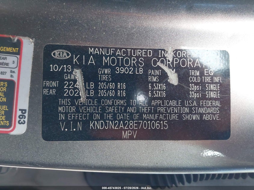 2014 Kia Soul VIN KNDJN2A28E7010615 IAAI salvage auction — NORMAL WEAR, Clear (Pennsylvania), sold $550 on 2026-07-31 (photo 9)