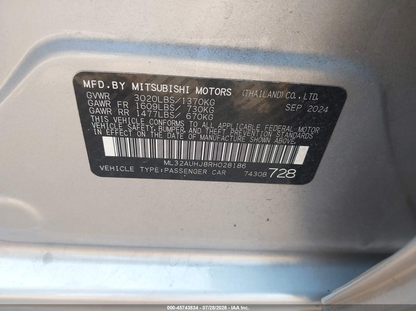 2024 Mitsubishi Mirage VIN ML32AUHJ8RH028186 IAAI salvage auction — SIDE, Enterprise Vehicles Clear Only (Florida), sold $7,350 on 2026-08-05 (photo 9)