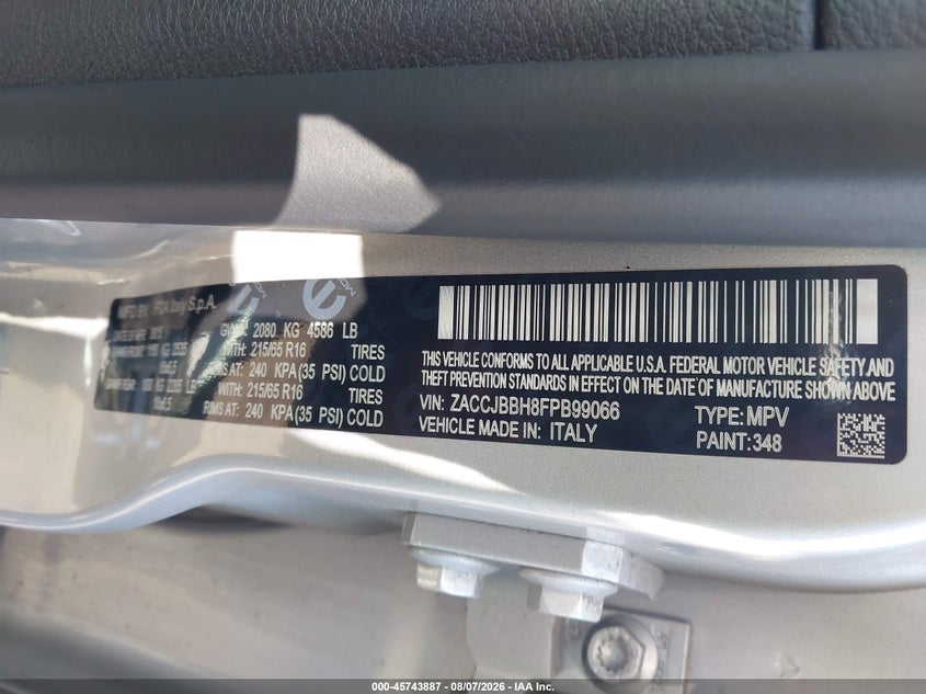 2015 Jeep Renegade VIN ZACCJBBH8FPB99066 IAAI salvage auction — NORMAL WEAR, Clear (New Jersey), sold $450 on 2026-08-18 (photo 9)