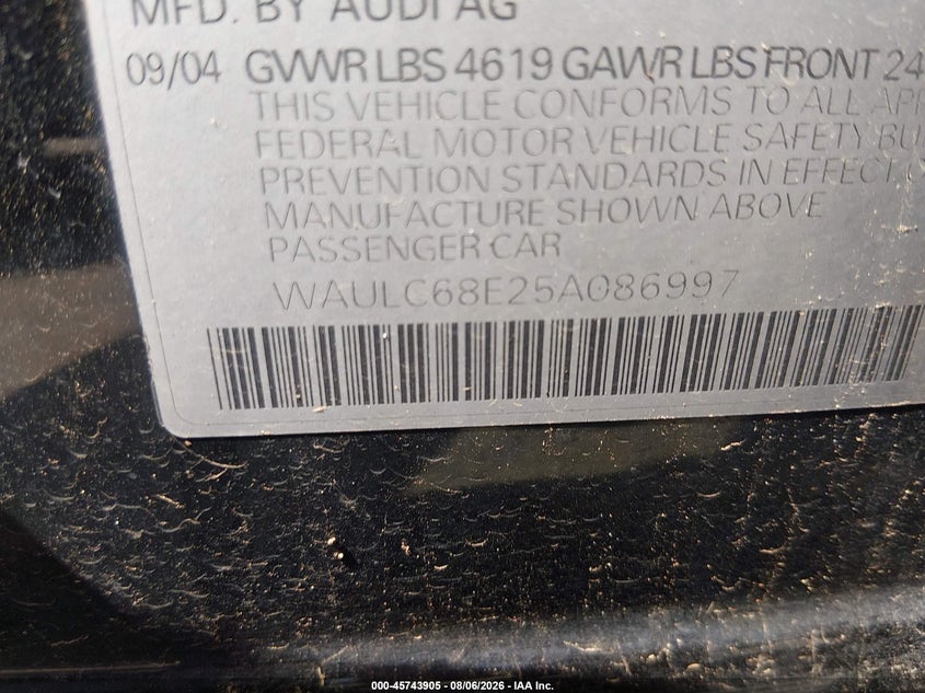 2005 Audi A4 VIN WAULC68E25A086997 IAAI salvage auction — Repossession, Clear, sold $275 on 2026-10-12 (photo 9)