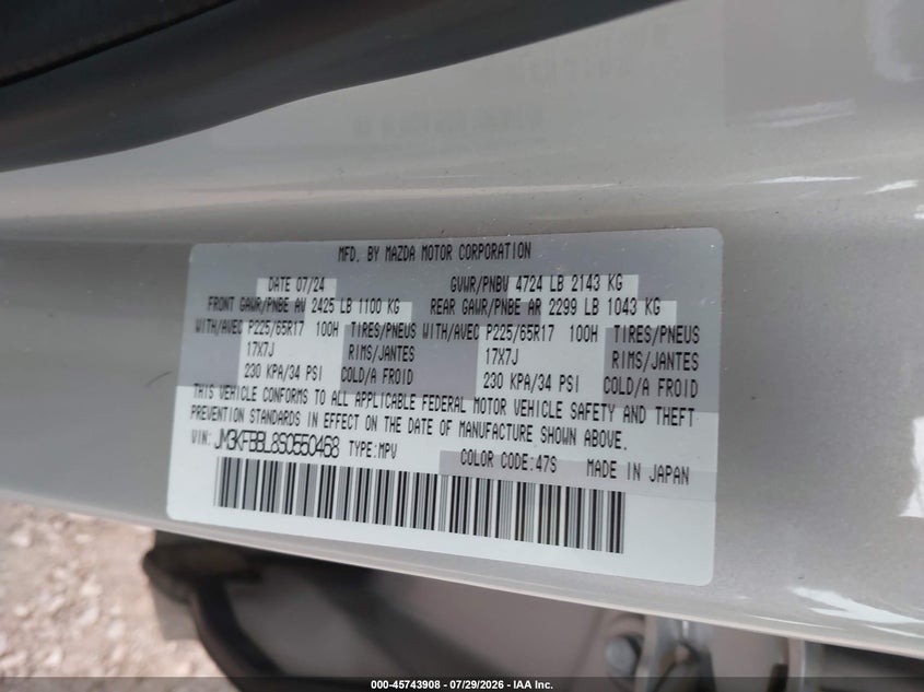 2025 Mazda Cx-5 VIN JM3KFBBL8S0550468 IAAI salvage auction — RIGHT SIDE, Enterprise Vehicles Clear Only (Florida), sold $2,050 on 2026-08-03 (photo 9)
