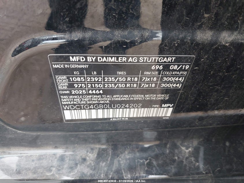 2020 Mercedes-benz Gla-klasse VIN WDCTG4GB0LU024202 IAAI salvage auction — WATER/FLOOD, Salvage Title, sold $7,000 on 2026-08-21 (photo 9)